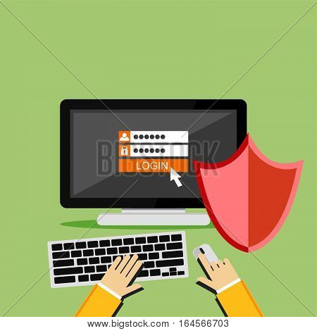 Password and username. Personal computer protection. Computer with shield. Antivirus.flat design for web banner, web element, or infographic