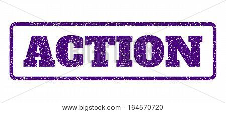 Indigo Blue rubber seal stamp with Action text. Vector tag inside rounded rectangular banner. Grunge design and unclean texture for watermark labels. Horisontal sticker on a white background.