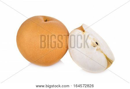 whole and cut snow pear or Fengsui pear on white background