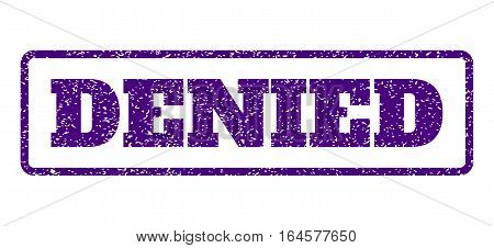 Indigo Blue rubber seal stamp with Denied text. Vector message inside rounded rectangular shape. Grunge design and dust texture for watermark labels. Horisontal sign on a white background.