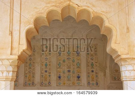 Amber, India - March 1: Detail Of The Wall In Sukh Mahal (hall Of Pleasure) In Amber Fort On March 1