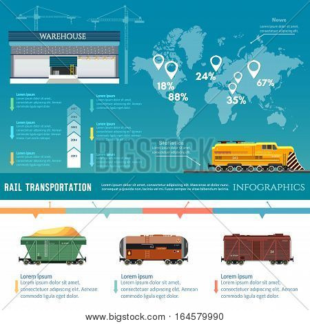 Freight trains infographics. Rail way. Cargo transportation. Industry and train transportation cargo wagons concept