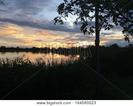 Sunset at natural park silhouette, Beautiful sky background