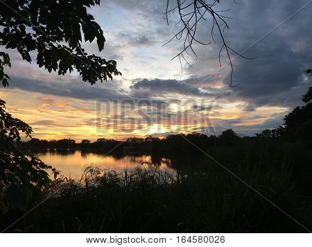Sunset at natural park silhouette, Beautiful sky background