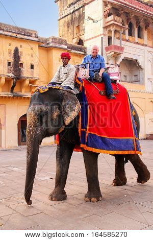 Amber, India - November 13: Unidentified People Ride Decorated Elephant In Jaleb Chowk Of Amber Fort