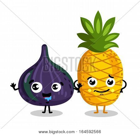 Cute fruit cartoon characters isolated on white background vector illustration. Funny pineapple and figs emoticon face icon collection. Happy smile cartoon face food emoji, comical fruit mascot set.