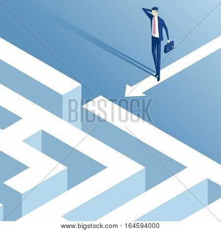 Isometric businessman stood in front of the entrance to the maze and thinks how to pass it confused employee ponders how to overcome the labyrinth business concept problem and challenges