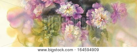 Bouquet of white and pink peonies watercolor illiustration. Wedding card. Summer bloom.