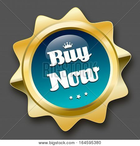 Buy now seal or icon with crown symbol. Glossy golden seal or button with stars and turquoise color.