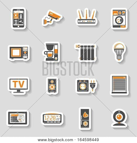 Smart House and internet of things two color sticker Icons Set with smartphone, tablet, security camera, router light bulb and smart tv. vector illustration