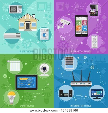 Smart House and internet of things square banners. smartphone and tablet controls smart plug, fridge coffee maker router microwave and tv flat icons. vector illustration