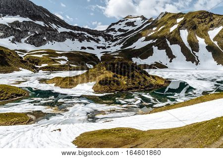 Schrecksee mountain lake in spring, still a lot of snow