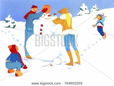 Family making snowman and playing snowball in the winter forest