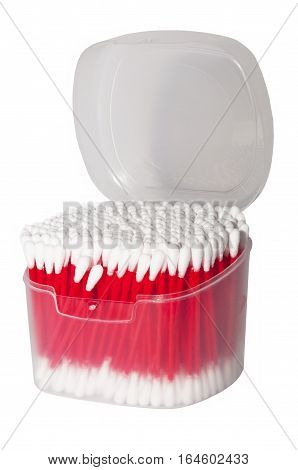 a set of Q-tips in plastic capacity on a white background closeup