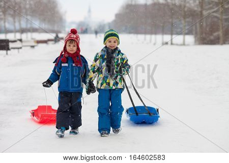 Two Kids, Boy Brothers, Sliding With Bob In The Snow, Wintertime