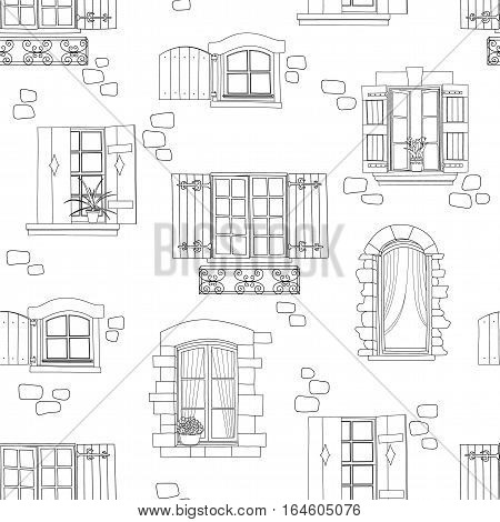 Seamless pattern with vintage windows and flowers. Vector illustration