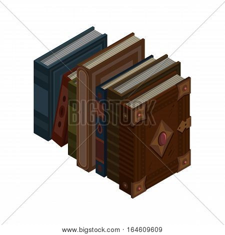 Stack of old 3d colorful books and tutorials. Isometric flat classbooks and textbooks icon. Education symbol logo. Illustration vector art.