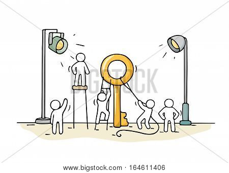 Sketch of working little people with big key. Doodle cute miniature scene of workers with discovery concept. Hand drawn cartoon vector illustration for business design and infographic.