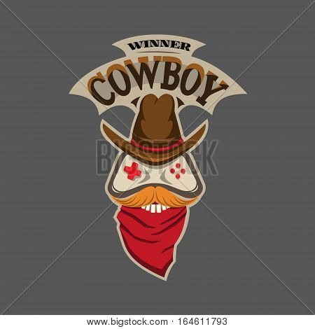 The emblem of the joystick in a cowboy hat and a scarf. Vector illustration isolated on dark background