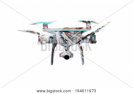 Double exposure. Hovering drone taking pictures of highway with cars and trucks. Aerial view. Isolated.