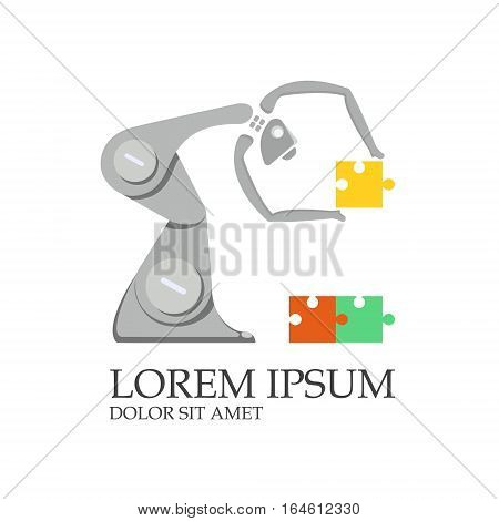 The robot is controlled by a computer, building of colored puzzles. Vector illustration
