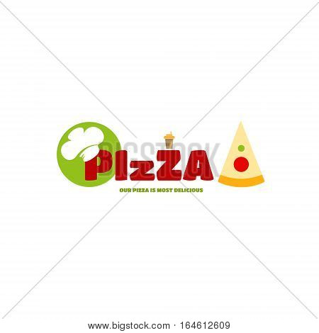 Italian cafe symbol. In the text wearing chef hat. A piece of cake at the end of the word. The glass of coffee costs on the letter. Vector illustration