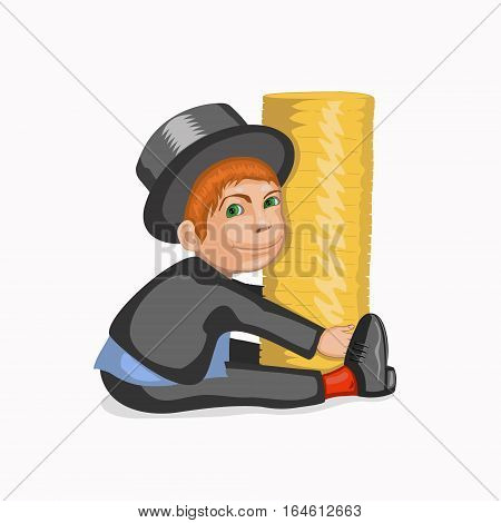 Happy businessman embracing his wealth. A man dressed in a suit and top hat. Vector illustration in cartoon style