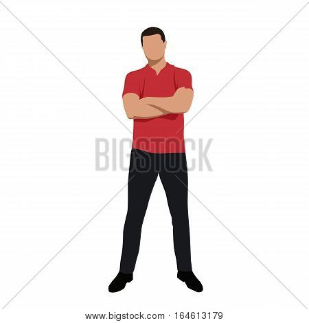 Standing young man in red polo shirt with folded arms front view vector silhouette