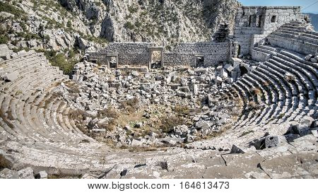 Antalya, Turkey - October 24, 203: Top view of amphitheater of Termessos Antique City in Antalya.