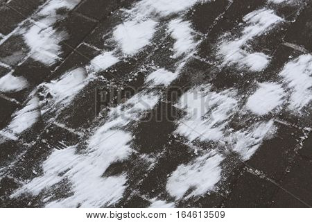 Pedastrian pavemant in snow. Seasonal background and view