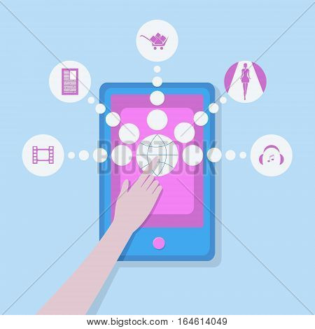 Tablet with entertainment icons. Woman using touch screen. The image is made in a nice flat style