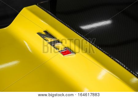 BANGKOK, THAILAND - AUGUST 30, 2016 : Closeup of ZL1 badge on Chevloret ZL1 2015 model bonnet, car designed for maximize cooling and minimize lift