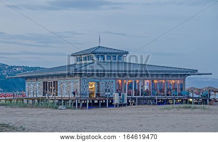 Albena, Bulgaria - June 13, 2016. Beach Bar Near Sea Water, Lights, Night Time, Party Time.