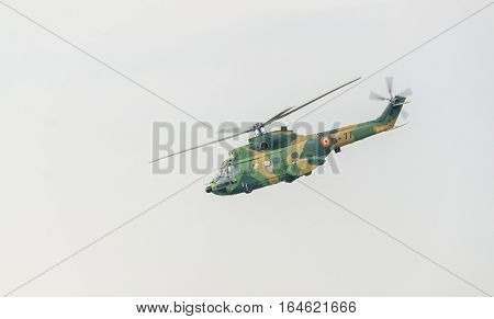 Bucharest, Romania - July 30, 2016. Iar Puma Elicopter Flying In The Sky, Stunt Aerobatic