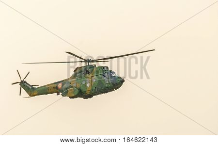 Bucharest, Romania - July 30, 2016. Iar Puma Elicopter Flying In The Sky, Stunt Aerobatic