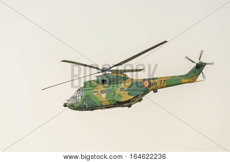 Bucharest, Romania - July 30, 2016. Iar Puma Elicopter Flying In The Sky, Stunt Aerobatic