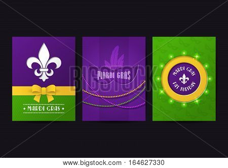 Set of vector mardi gras brochures. Fat tuesday symbols and shining beads on traditional colors background