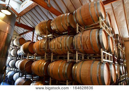San Luis Obispo USA - july 15 2016 : barrel in the cellar of the Claiborne and Churchhill winery