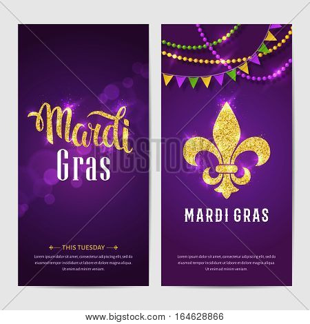 Mardi gras brochures. Vector logo with hand drawn lettering and golden fat tuesday symbols. Greeting card with shining beads on traditional colors background