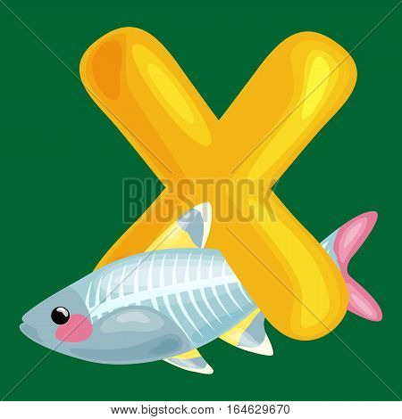 animals alphabet for kids fish letter x, cartoon fun abc education in preschool, cute children zoo collection learning english language, x-rayfish vector illustration.