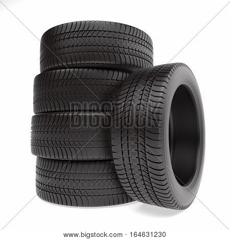 New tires stacked up and isolated on white background, 3d illustration