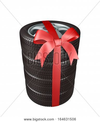 the tyres are stacked and packaged as a gift, wrapped in red ribbon and bow on white background, 3d illustration