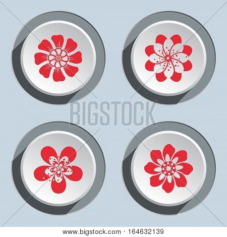 Flower icon set. Dahlia, aster, daisy, chamomile, chrysanthemum, gowan. Floral summer, autumn symbol. Red signs on white three dimensional button. Vector isolated