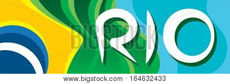 The name of the most famous city in Brazil written in white on the Brazilian flag