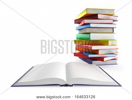 Open book and a stack of books on white background, 3d illustration