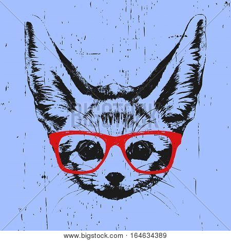 Portrait of Fennec Fox with glasses. Hand drawn illustration. Vector.