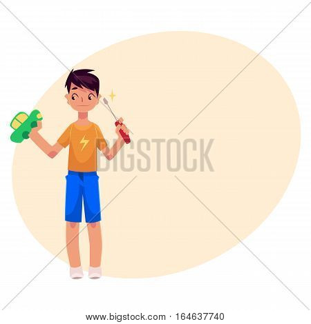 Teenage boy holding screwdriver, trying to fix, repair a toy car, cartoon vector on background with place for text. Full length portrait of boy holding screwdriver and a toy car, repair concept