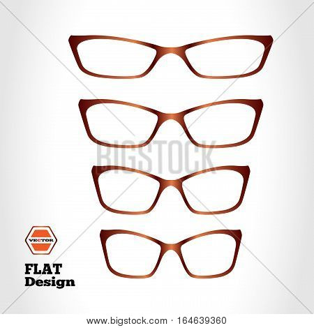 Eye glasses set. Optical glass appliance for vision. Brown silhouette on white background with logo, label. Flat design. Vector isolated