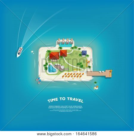 Top view of the island in the form of a suitcase. Time to travel and vacations poster. Holiday trip. Travel and tourism.