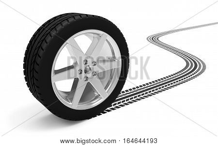 Car wheel with track isolated on white background 3D rendering